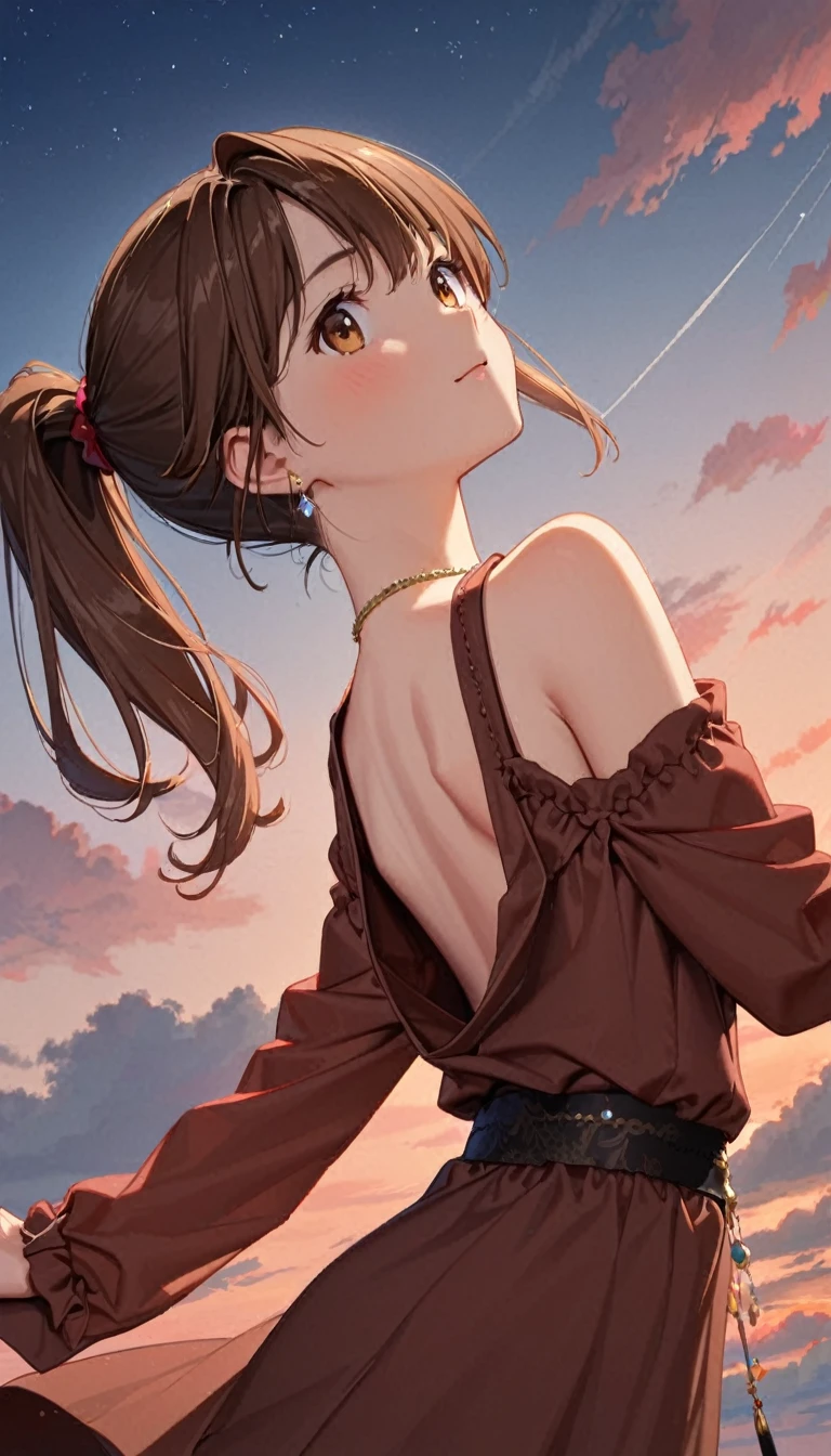 Highest quality、Masseter region、Very detailed、8ｋ、alone、(((Cute 18 year old Japanese、Brown Hair、ponytail、look up_Away:1.2、Look at the sky)))、From behind、Gorgeous brown dress、Gorgeous necklace and earrings with diamonds、