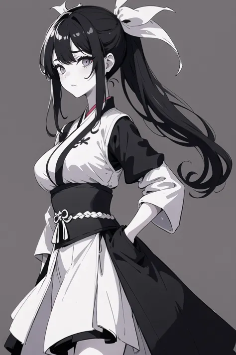 (1 girl), (long hair), hair over one eye, hanfu clothes , big breast, monochrome, lines, cross, ((liner background)), twin pony ...