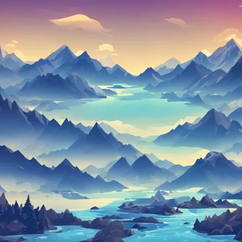 a scenic panoramic view of mountain, river, sky, vector style