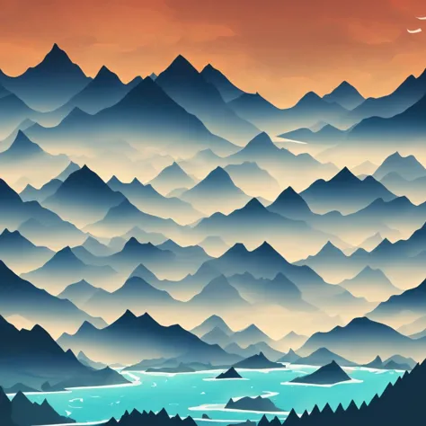 a scenic panoramic view of mountain, river, sky, vector style