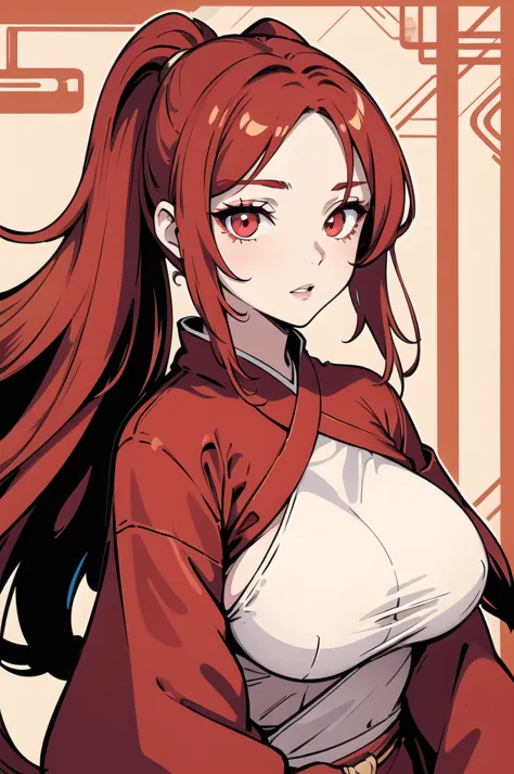 (1 girl), (long red hair), hair over one eye, {{{red and gold eyes}}}, hanfu clothes , big breast, monochrome, lines, cross, ((l...