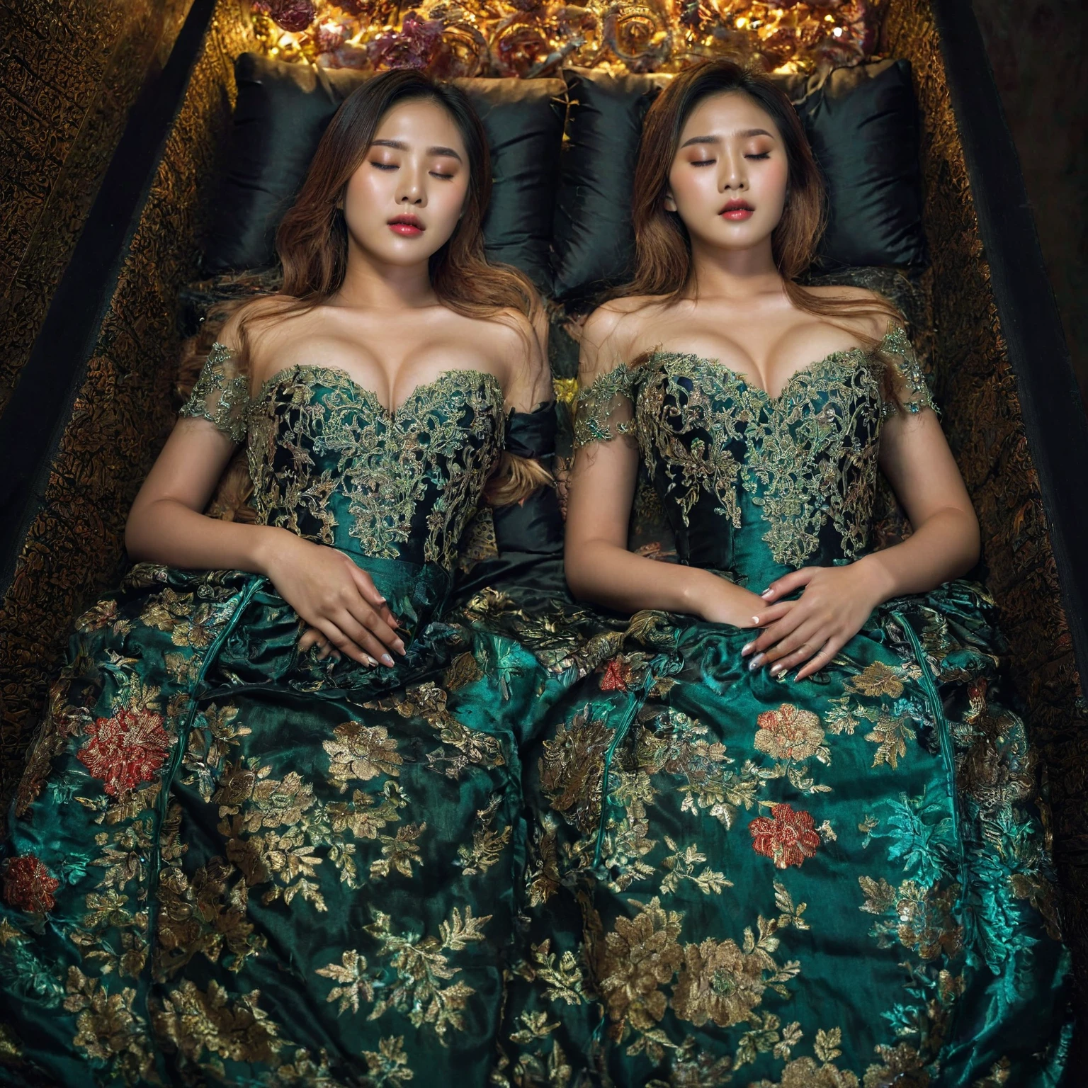 In a striking 8K HDR scene, a stunning Korean woman, 22 years old, lies peacefully in a black coffin surrounded by plush pillows. The deep box is set against a rich black background, accentuating the beauty of the subject. Her exquisite kebaya attire is embroidered with superb detail, showcasing her round and firm breasts, perfect cleavage, and beautiful eyebrows. Her closed eyes and mouth give an air of serenity, while her visible and absolute cleavage leave nothing to imagination. The scene is bathed in saturated colors, highlighting every intricate aspect from the skirt to her clean face, straight body, detailed hand perfect hands, straight body.