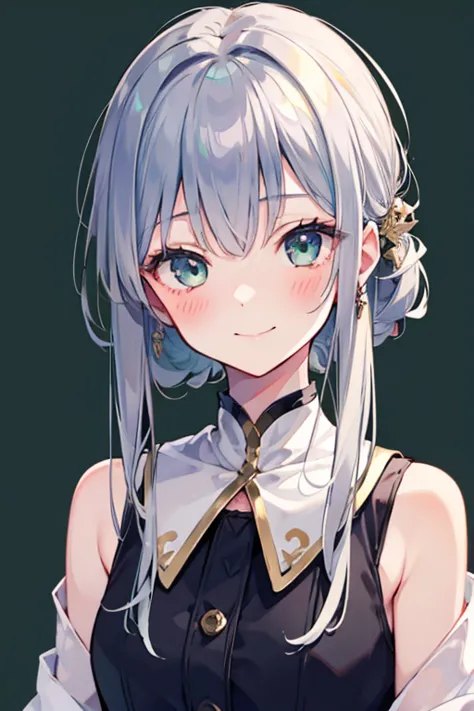 blush, 1 Girl, smile, alone, green_eye, Closed_mouth, 前hair, Silver_hair, Simple_background