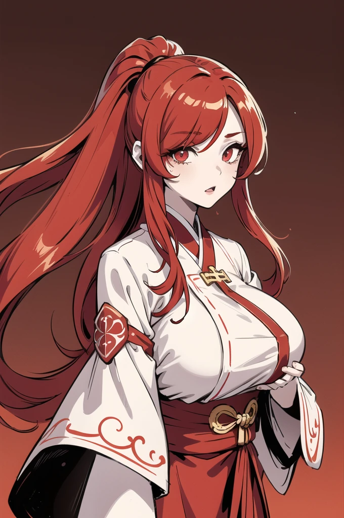 (1 girl), (Long red hair), Hair over one eye, {{{eyes red and gold}}}, hanfu clothes , big breast, Monochrome, Lines, Cross, ((Liner background)), Twin pony tails, ((Inverted colors))