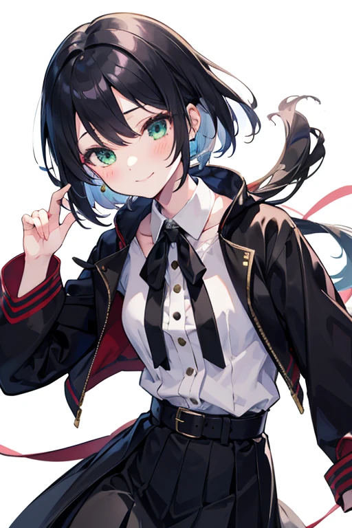 rubor, 1 chica, sonrisa, alone, verde_ojo, cerrado_boca, 前cabello, negro_falda, negroリボン, virtual_youtuber, plata_cabello, Simple_fondo, abierto_ropa, vestido, negro_cinturón