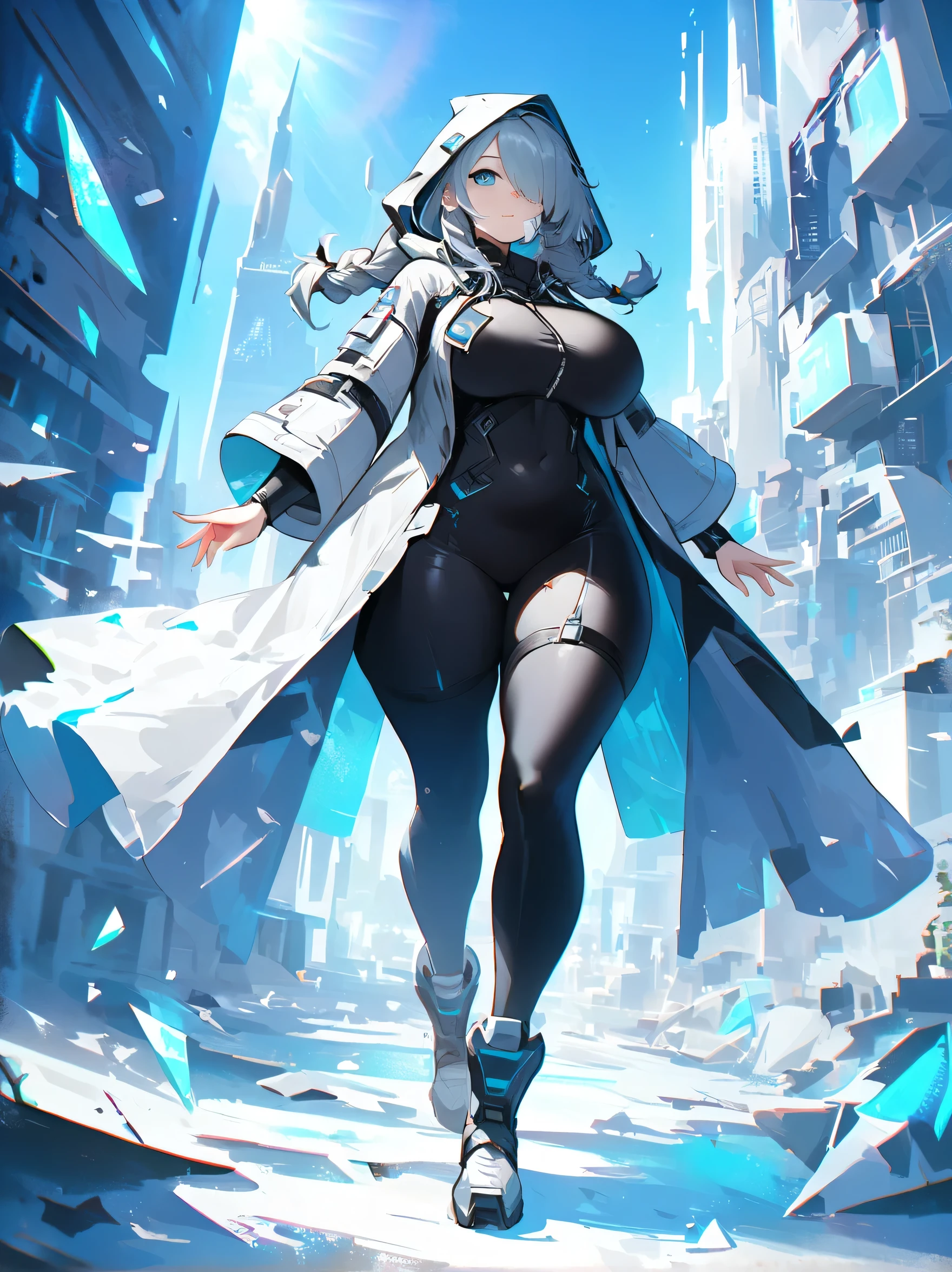 Masterpiece,Impasto,Cinematic,Niji journey,Niji,Dynamic angle,Looking at viewer,From front,Full body,Prism style,Broken world,Broken glass effect,Broken glass background,1girl,Solo,Hood up,Big hood,Black hooded long coat,Black bodysuit,Mechanical Exoskeleton,Black shirt,Black leggings,Mechanical boots,Mechanical weapons,Blue eyes,Gauze on face,Long sideburns,Medium hair,One big braided pigtail,Curly hair,Gray colored hair,Hair over one eye,Beautiful breasts,Voluptuous,Plump,Chubby,Beautiful ass,Detail Background,Futuristic City,Light blue theme,Backlight,Warm tones,Tranquil,Soft light,Blue Sky,Cloud