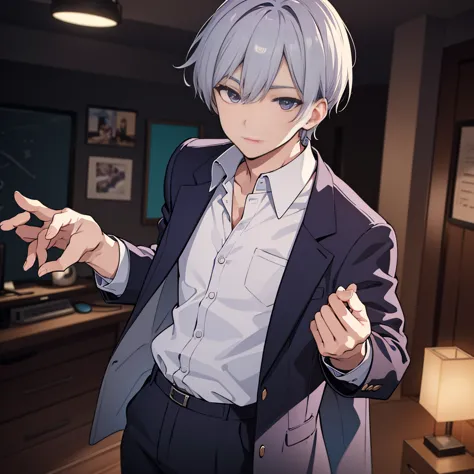 Handsome man with dark blue and purple eyes, Light silver hair, White collared shirt,slacks, Intricate details, Very detailed, (...