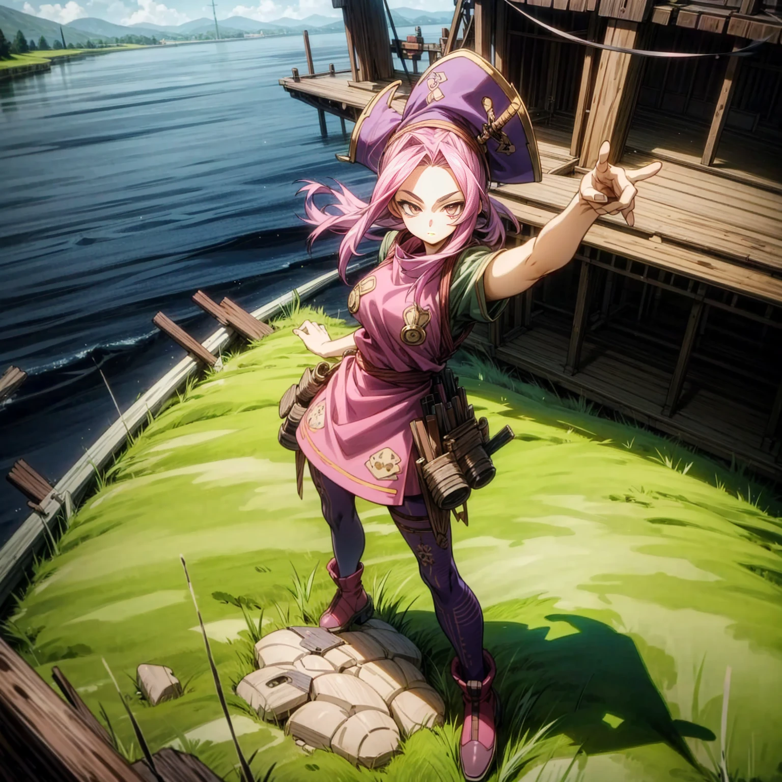 1girl, Full body version, 1character, adult girl version, gold eyes color, long haircut, pink colour hair, Farmer villager style clothing, blue colour clothing, pirate hat, knife in hand, Grassroots, background in big ship, motion blur, (Hunter x Hunter style), standing gesture, high angle view 