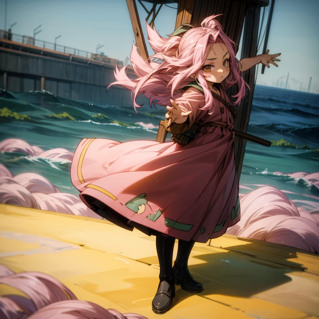 1childern girl, Full body version, 1character, children version, gold eyes color, long haircut, pink colour hair, Farmer villager style clothing, Grassroots, background in ship sea, motion blur, (Hunter x Hunter style), standing gesture in ship sea