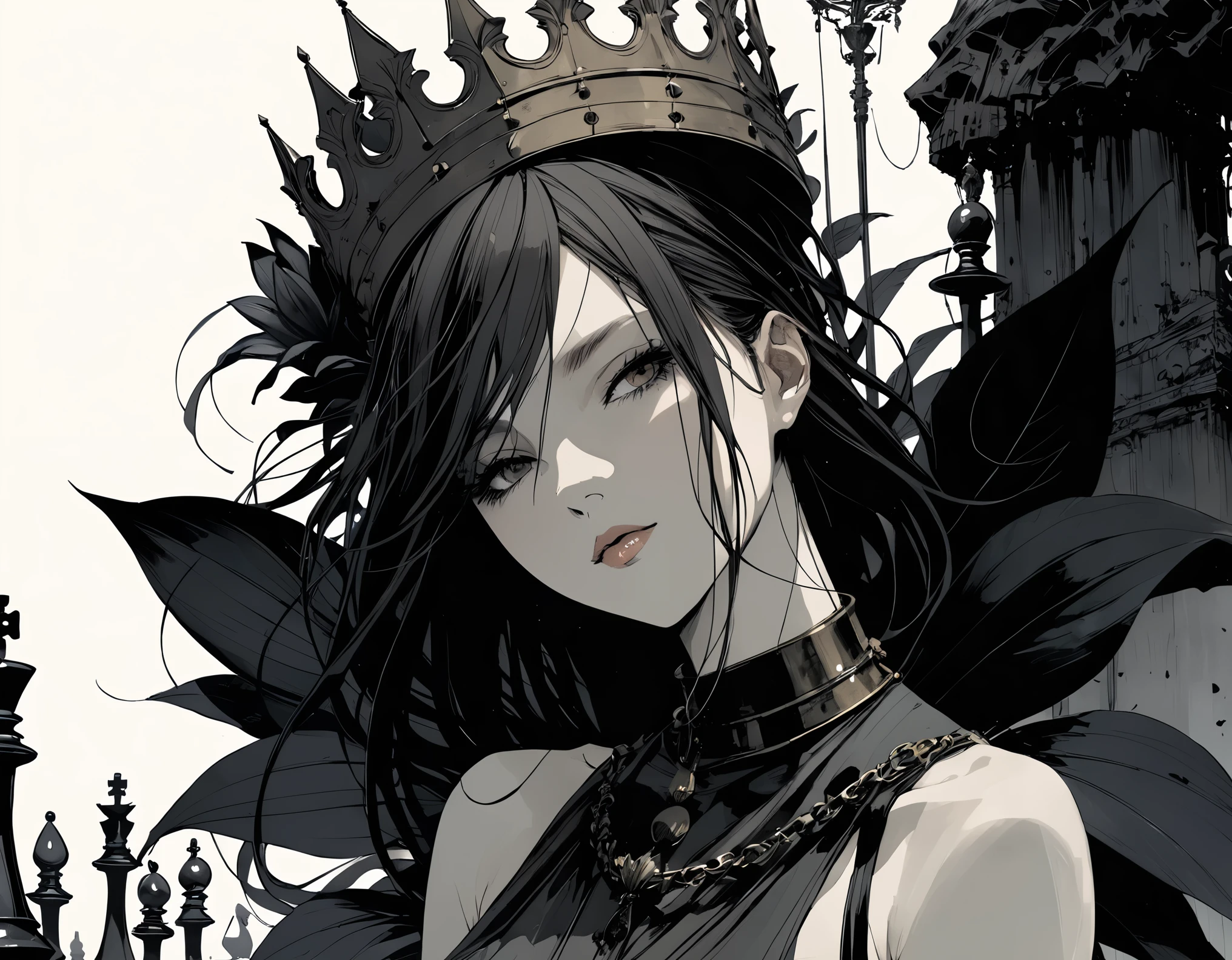 in style of Santiago Caruso, in style of Ashley Wood, Giant black lily，Central Composition，Close-up， queen \(chess\),graphic novels illustration