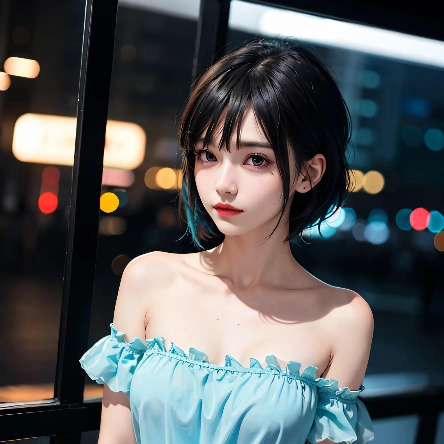 High quality, 16k, 8k, HD, best quality, black and cyan hair color, short hair, perfect face, beautiful, without makeup, restless face, looking out the window, nighttime, midnight, quiet, cyberpunk, nightgown, midnight, feeling uncomfortable, oppai, faceless 