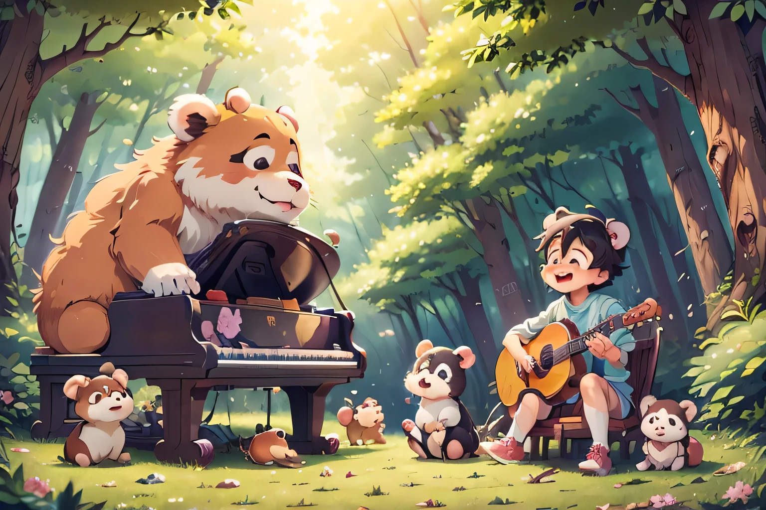 Studio Ghibli style。A panda happily sitting on a chair and playing the grand piano。A laughing monkey playing the guitar。Capybara playing the bass。Dog singing in the middle。Bear playing drums。The animals around are watching this.。The background is a beautiful forest。