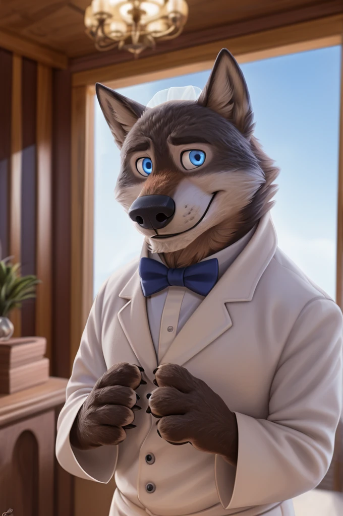 Larry (Zootopia), wolf, Gray Fur, (brown body:1.3), beautiful blue eyes, Zootopia,  Pope, Catholic priest,pectoral cross,canine,wolf, detailed fur, male, second, paw pads, finger claws,wears a bow tie, Games,At the viewer, 5 fingers, paws, 4 toes, in the wedding palace, groom,ring, holds, flowers for wife, 
BREAK from nextel, for dating, by xenoforge, (difficult, high detail,digital photography, soft focus, RAW, close to the camera, smile, positive, Good, mood, Houses, looks at the viewer, очень close to the camera, in the shop,his, wedding palace combination, 
Photorealism, realistic, photorealistic,digital style, Subsurface scattering,очень close to the camera
шедевр, Best quality, ultra realistic, 8 thousand.)