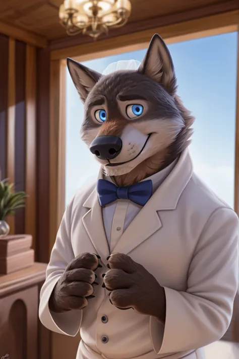 larry (zootopia), wolf, gray fur, (brown body:1.3), beautiful blue eyes, zootopia,  pope, catholic priest,pectoral cross,canine,...