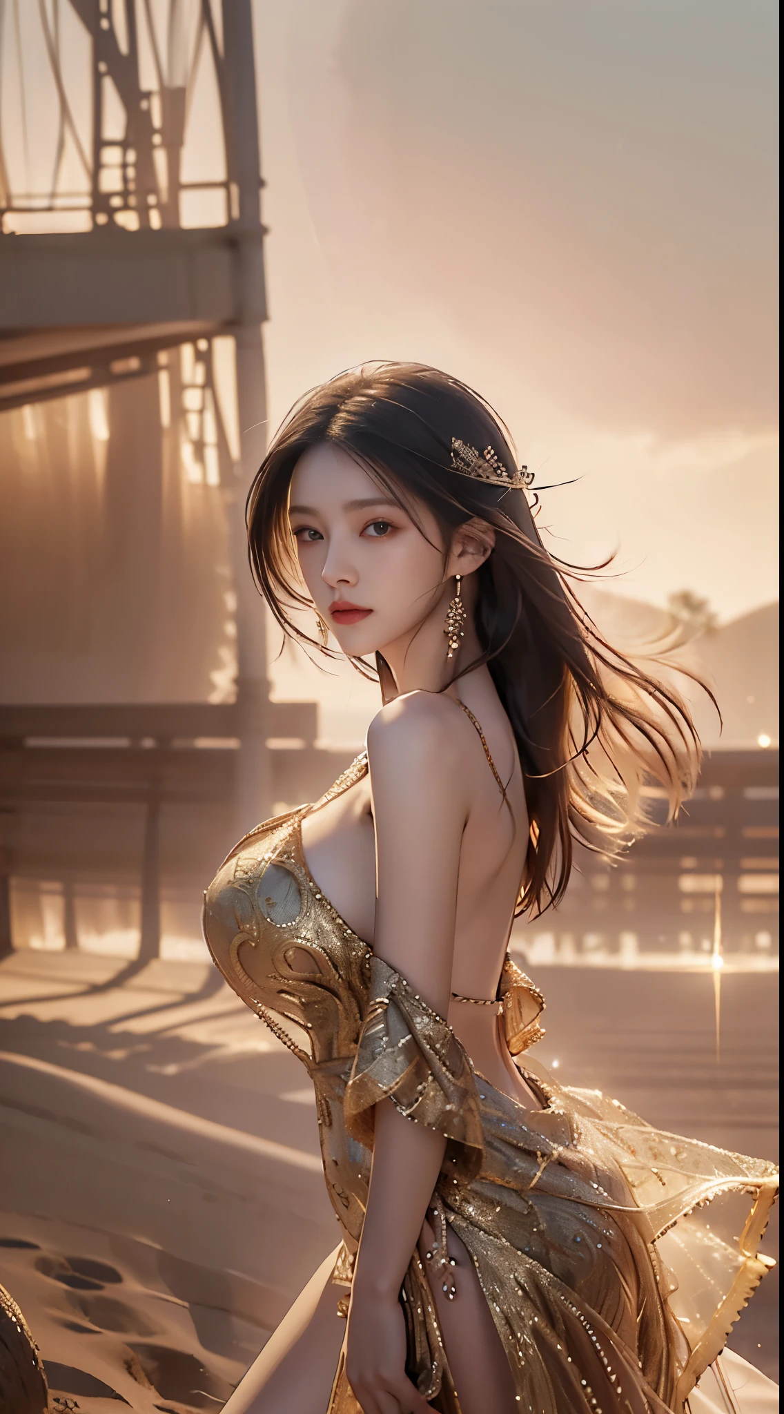 jinmeng
golden layered dress
sparkle
see-through
jewelry, ((from knees up)), ((Bare shoulders)), ((Full breasts)), ((Very big breasts)), ((I-type Valley)), xuer Cold face, A woman standing in the warm sunshine，Highly detailed skin texture，Flowing hair，Intricate fabric detailovie Lighting:1.2)，(Shadows and Highlights:1.2)，(8K resolution:1.3)，Popular art style，Relaxed posture，Gentle expression，Smile，Natural background，(Best quality:1.3)，(Anatomically correct:1.2)，(Official Art:1.1)，Amazing，beauty，Young and energetic，captivating model，Detailed CG, 8k wallpaper