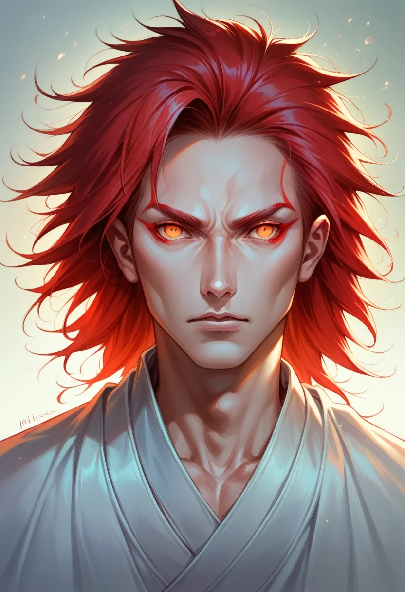 a naruto ninja man with long flowing white clothes, long red hair, rinnegan doujutsu eyes, realistic detailed portrait, intricate details, hyper-realistic, cinematic lighting, dramatic shadows, vibrant colors, masterpiece