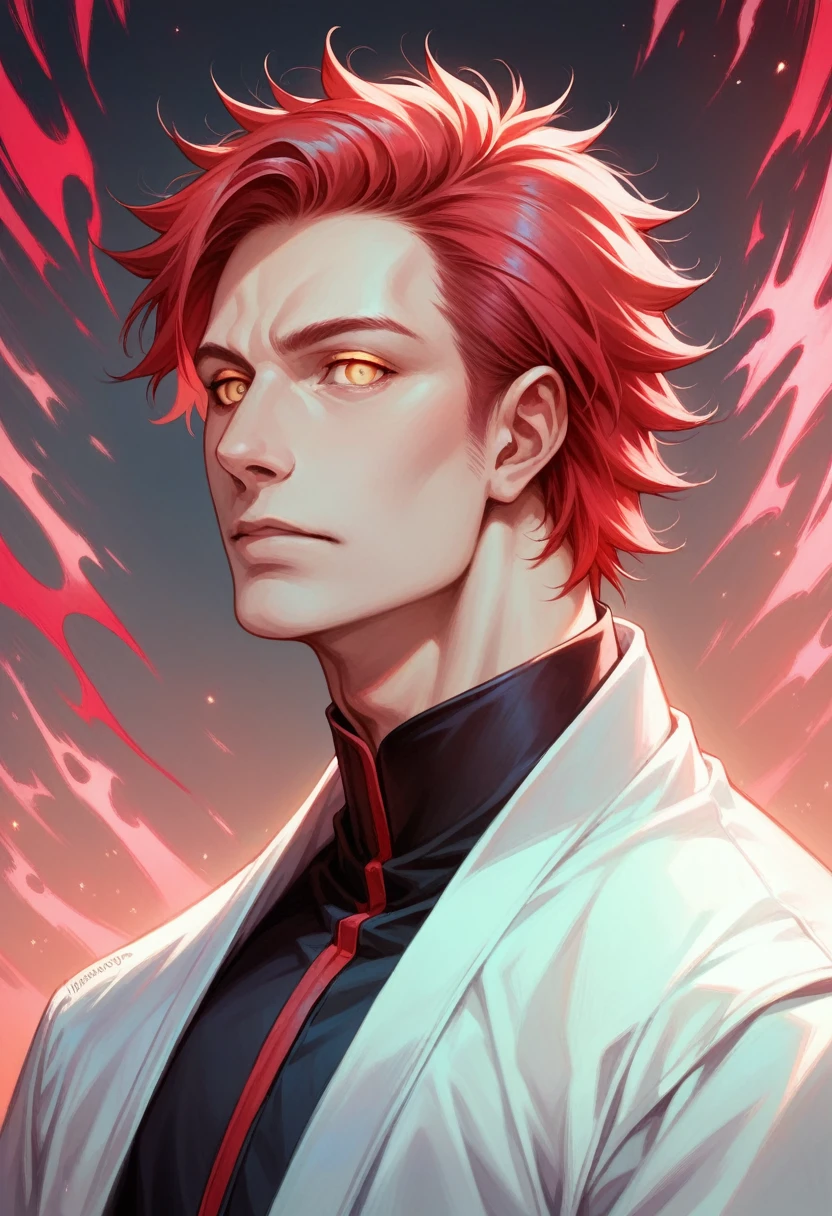 a naruto ninja man with long flowing white clothes, long red hair, rinnegan doujutsu eyes, realistic detailed portrait, intricate details, hyper-realistic, cinematic lighting, dramatic shadows, vibrant colors, masterpiece