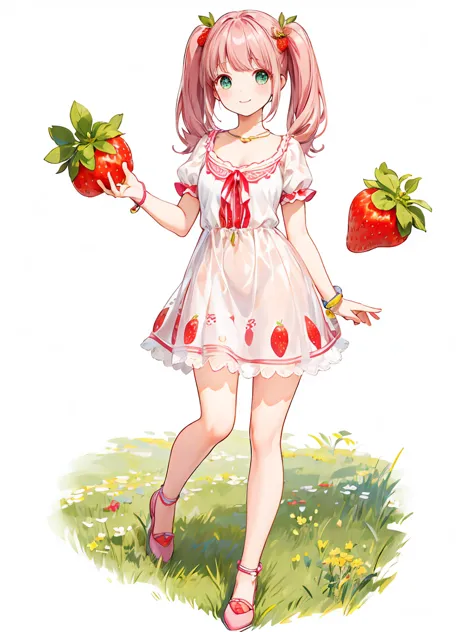 Full body ,Standing position,(realistic:1.37)、Octane rendering、morning park、Strawberry set、The girl has a twin tail hairstyle an...