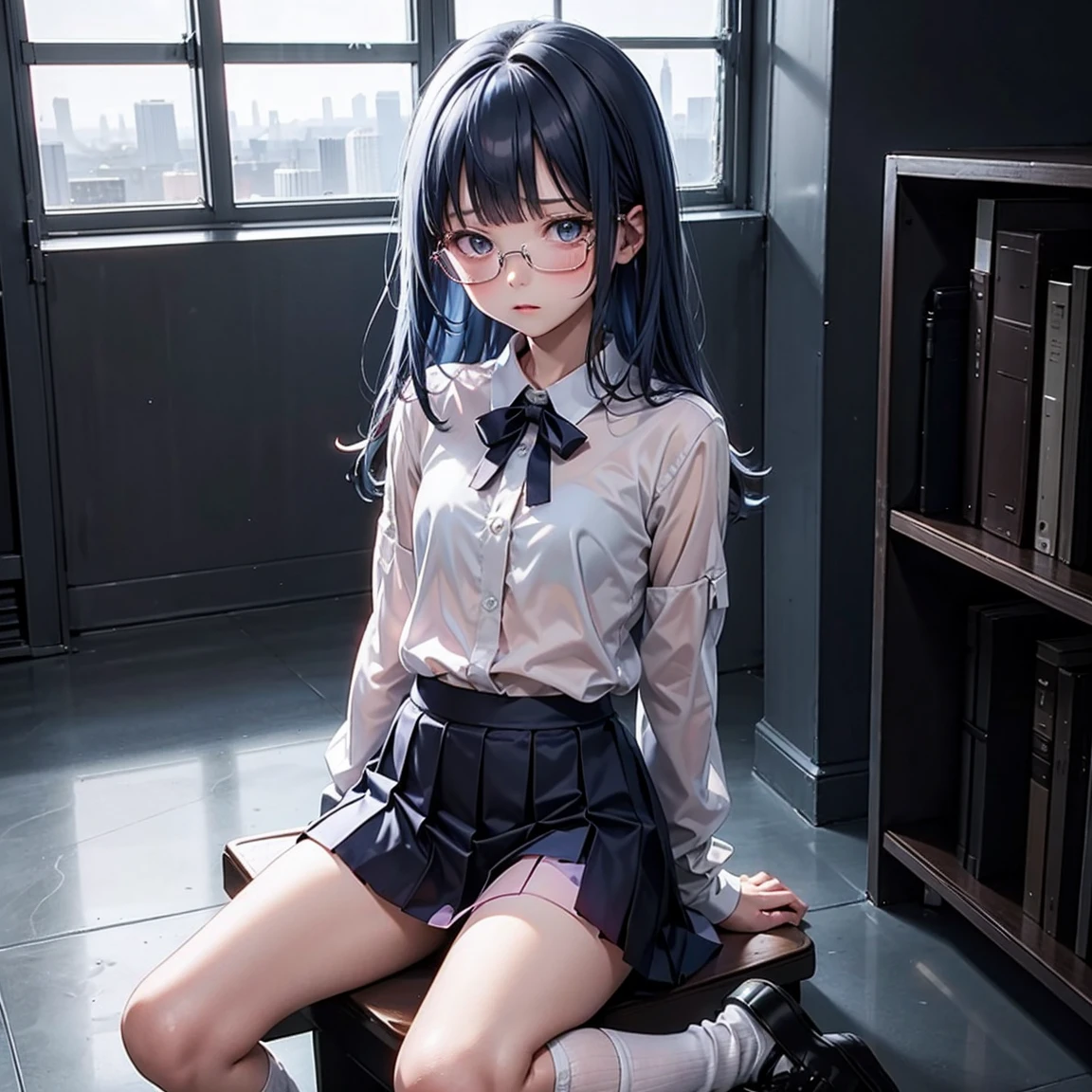 One woman（）、Glaring face、Long, blue hair、Thin glasses、White clothes、See-through shirt、ribbon、Short pleated skirt、Pink underwear、loose socks、Inside a skyscraper office at night、Spread your legs、Thin and lean legs