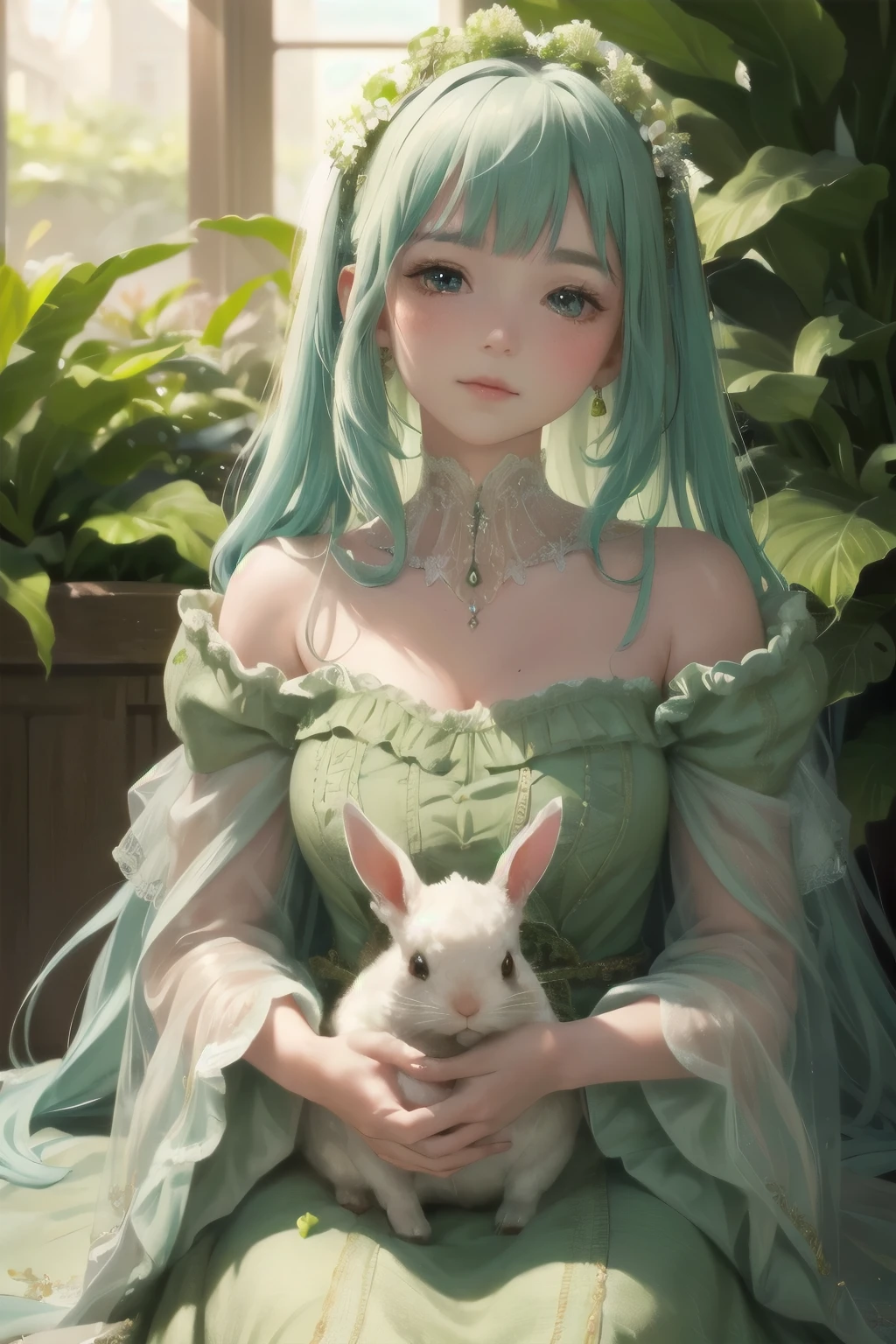 A young girl in a lush, mossy garden, her delicate dress flowing around her like petals, waiting for the night. A fluffy rabbit hops onto her lap, curling up contentedly.

1girl, graceful, elegant, soft mossy bed, flowing petal-like dress, fluffy rabbit, satisfied expression, night setting, detailed face, beautiful eyes, detailed lips, detailed hands and fingers, intricate details, photorealistic, highly detailed, 8k, masterpiece, vibrant colors, dramatic lighting, ethereal, fantasy, whimsical