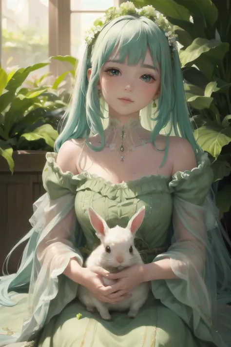 A young girl in a lush, mossy garden, her delicate dress flowing around her like petals, waiting for the night. A fluffy rabbit ...