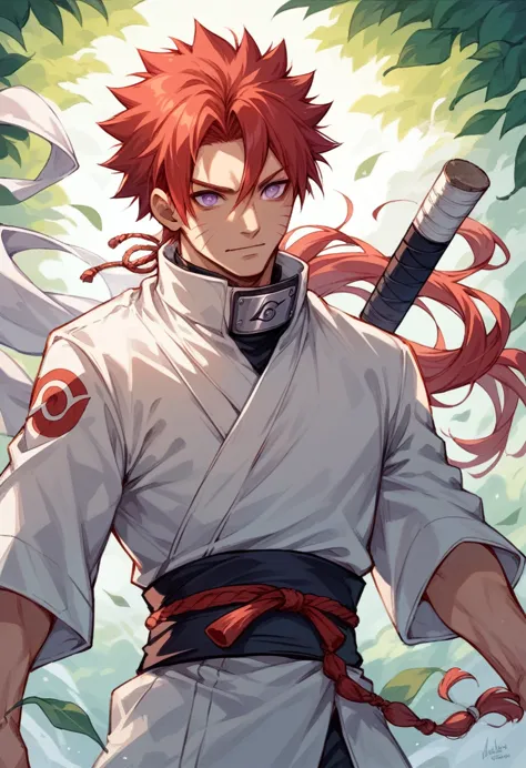 naruto ninja man, white clothes, long red hair, purple eyes doujutsu rinnegan