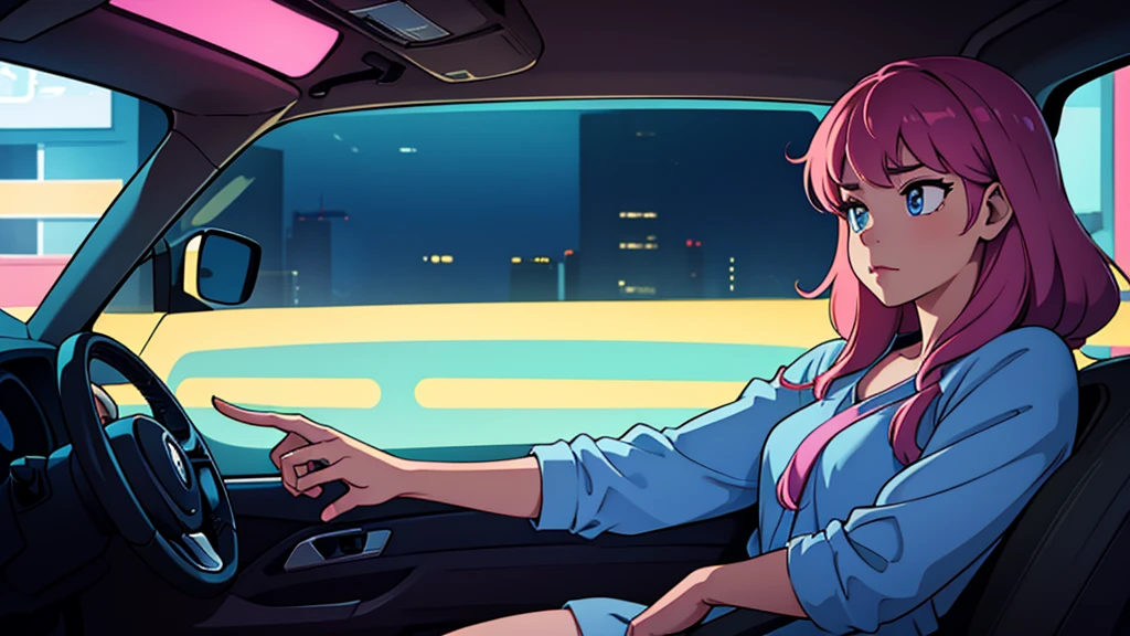 Create an image from the angle inside a car, showing a woman with a thoughtful expression on her face as she gazes out of the side window at the cityscape. The city outside should be visible, illuminated by streetlights and neon signs. Use soft, pastel colors and subtle gradients to capture a dreamy, reflective atmosphere. Ensure the interior of the car feels cozy and comfortable, adding to the overall serene vibe.
