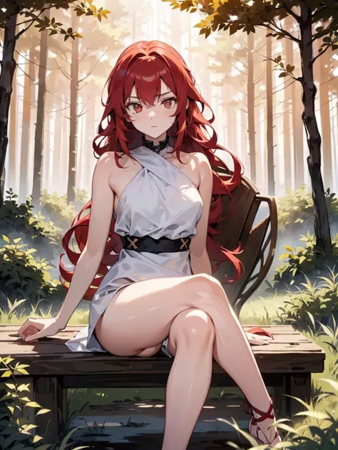 (8k), (best quality), (ultra detailed), (perfect anatomy), 1 girl, full height, {{{long red hair}}}, {{{red and golden eyes}}}, ...