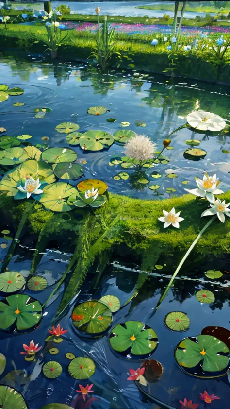 (masterpiece:1.2), best quality,fantasy,
landscape, overlooking, water, unmanned, flower, lily pad, outdoor, fish