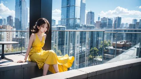 girl in a bright dress，(look up from the bottom:1.3)，sports shoes，small space，city architectural background，sitting posture，dyna...