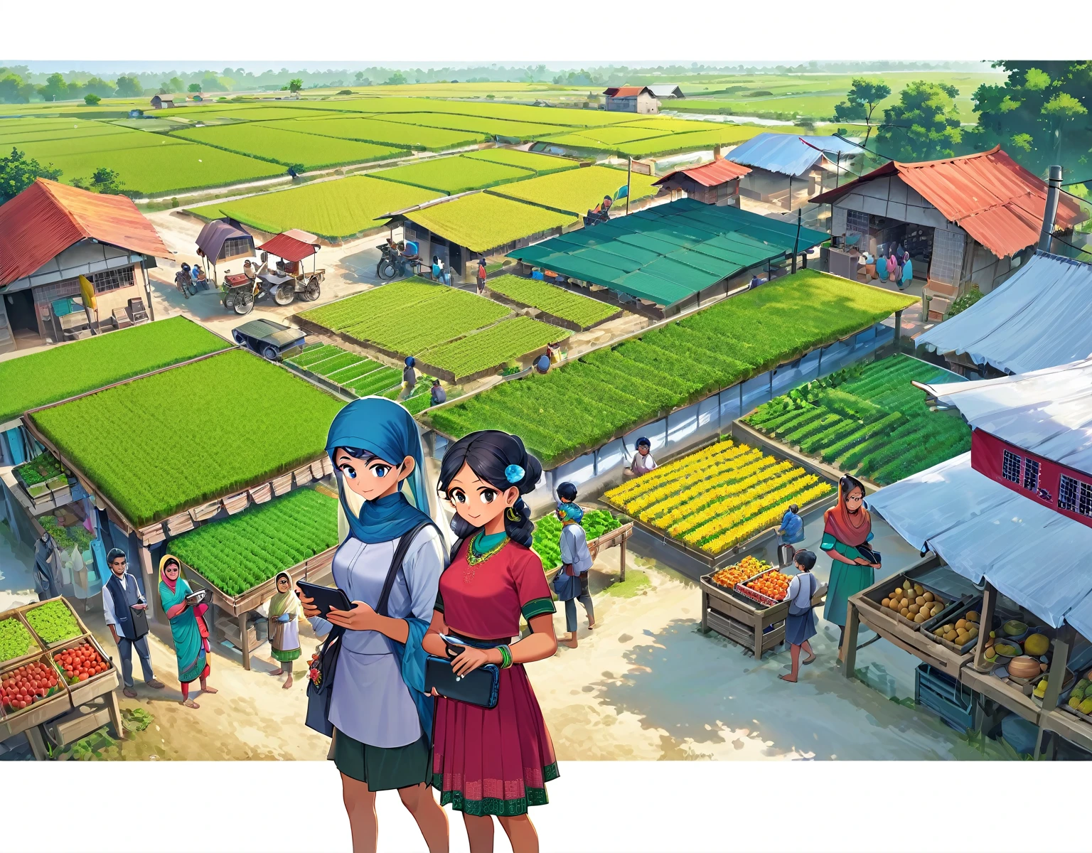 (Bangladesch)), poster image of a vibrant landscape of Bangladesch, wo Tradition und Technologie zusammentreffen, a Smart village emerges., Smart village: Eine Brücke zwischen Tradition und Technologie – eine vernetzte Gemeinschaft: Dorfbewohner begrüßen Internet und Computer, Verbesserung ihres täglichen Lebens und ihrer Arbeit. Moderne Landwirtschaft: Landwirte nutzen Smartphones für besseres Erntemanagement und besseren Marktzugang. Technisch versierte Familien: Glückliche Familien profitieren von verbesserter Kommunikation und Bildung durch Technologie. Innovative Infrastruktur: Mobilfunkmasten sorgen für nahtlose Konnektivität, mit Drohnen und Robotern, die die Landwirtschaft unterstützen