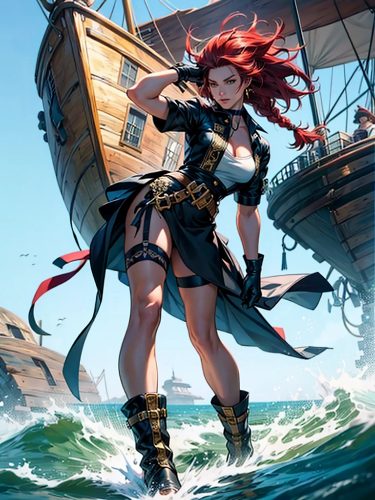 (masterpiece: 1.2), (best quality: 1.2), (highly detailed: 1.3), (intricate detail), highres, best illustration, 4k, perfect lighting, high detail pirate ship, ocean, wind breeze, full body, full body shot, perfect face detail, detailed eyes, detailed background, realistic photo, sharp focus 1.2, ((looking at camera 1.2)), solo, 1girl, perfect human anatomy, perfect legs, perfect arms s, perfect face, long red hair, braid in hair, female pirate outfit, leather skirt, garter feel, black gloves with gold details, flashy neckline, seductive look, female boots, hard , woman with closed mouth, green iris, looking at viewer, perfect lighting, epic realism, sultry look, seductive,
