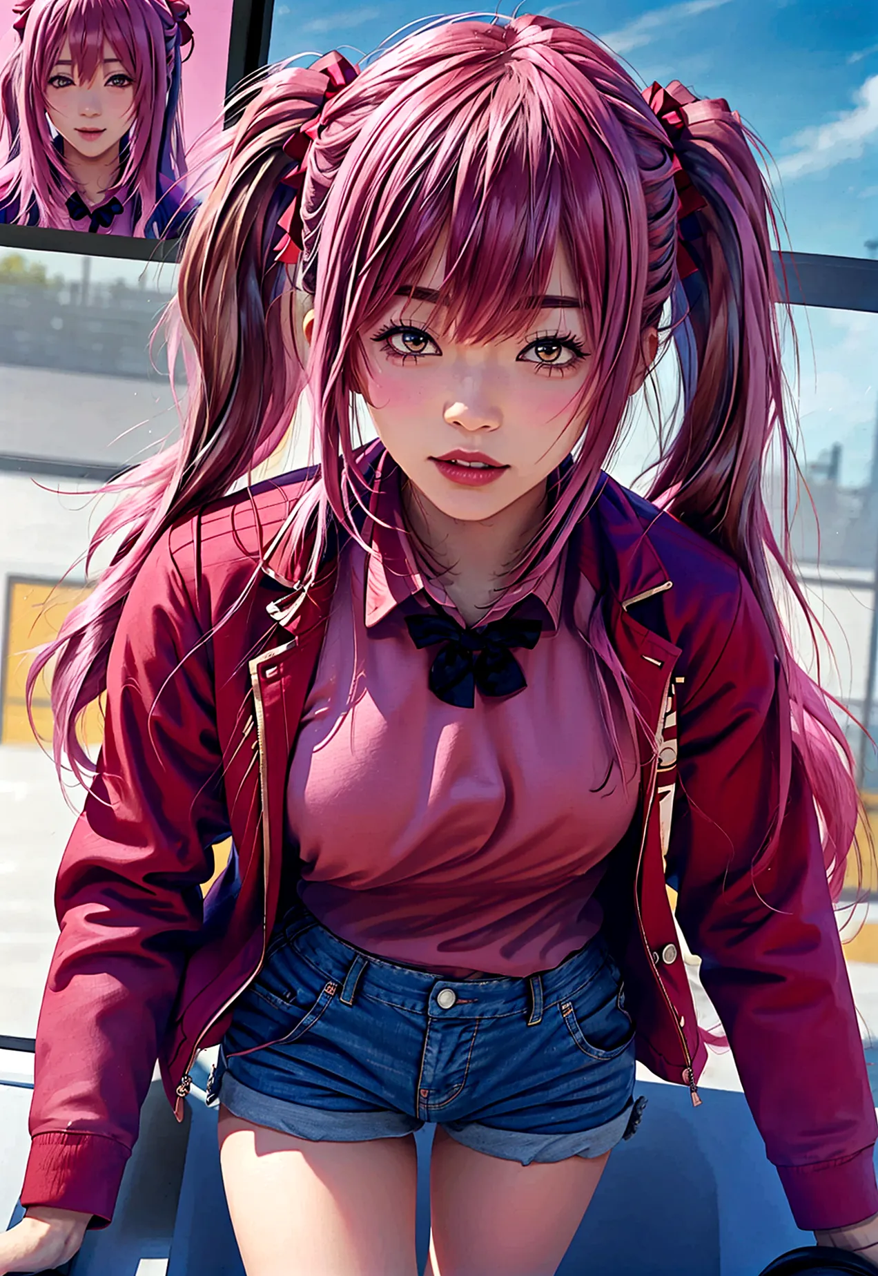 ultra-detailed,highly detailed,best quality,masterpiece,illustration, 
anime-style character with long pink hair tied into twin ...