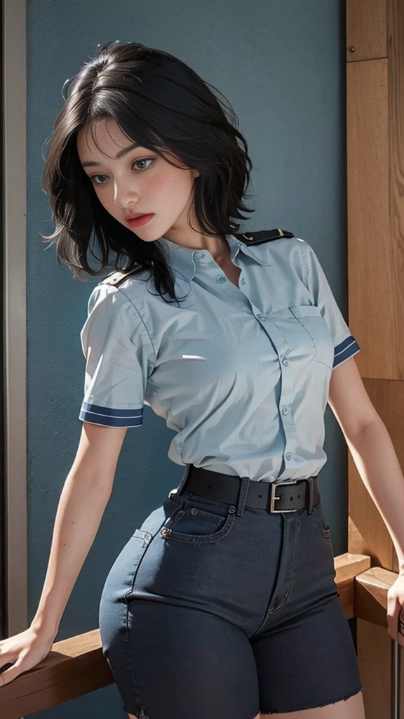 (Highest Resolution, clear_image) Highest quality, Single, One Woman, alone, masterpiece, Very detailed, Semi-realistic, Black Short Hair, Black Hair, bangs, 1, mature, light blue uniform, uniform, Indoor Background, kind, Authoritative, Powerful, Graceful features, Graceful features