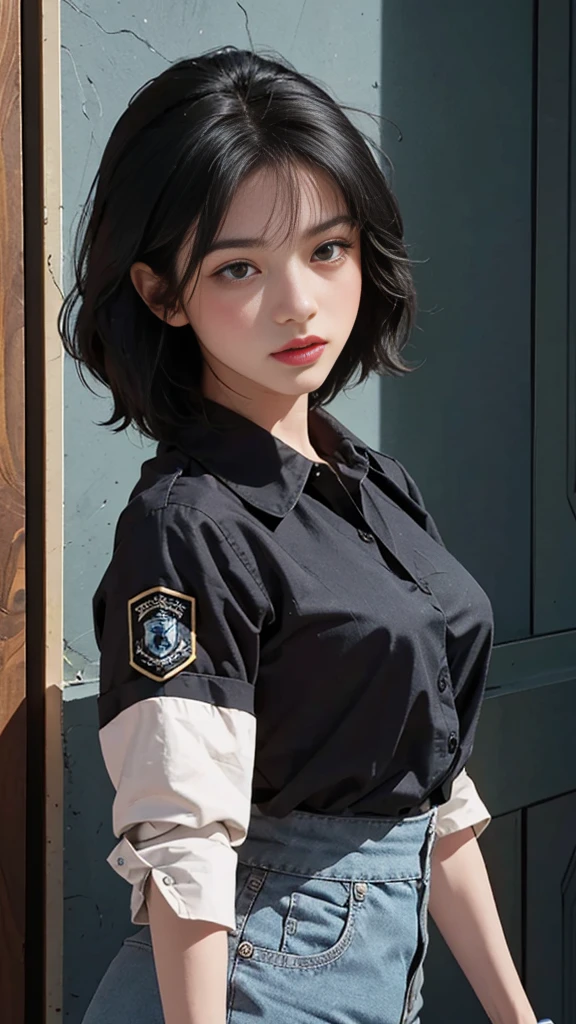 (resolução mais alta, claro_imagem) mais alta qualidade, solteiro, Uma mulher, sozinho, obra de arte, Muito detalhado, semi-realista, cabelo curto preto, Cabelo preto, franja, 1, maduro, uniforme azul claroe, uniforme, fundo interno, tipo, autoritário, poderoso, recursos graciosos, recursos graciosos