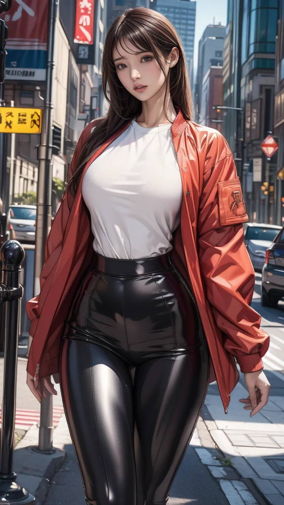 (best quality, masterpiece:1.2), Perfect body, Wide hips, Large Breasts, Printed shirt, jacket, Pants, Big cities, Random combinations, Energetic, 8K, Ultra HD, Human Development Report, Photobioreactor