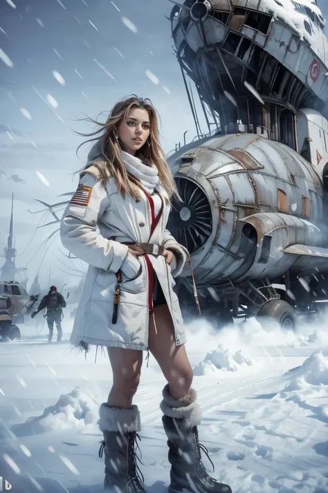 apocalyptic gorgeous hot woman. age 23.standing in the snow next to a giant shuttle