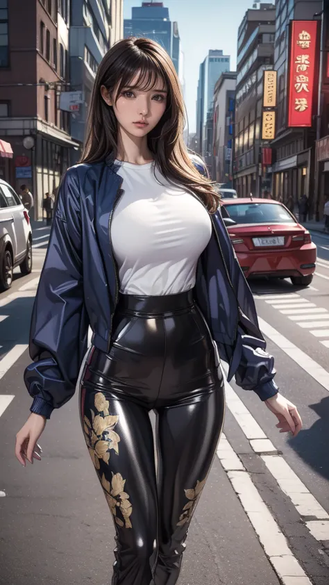 (best quality, masterpiece:1.2), Perfect body, Wide hips, Large Breasts, Printed shirt, jacket, Pants, Big cities, Random combin...