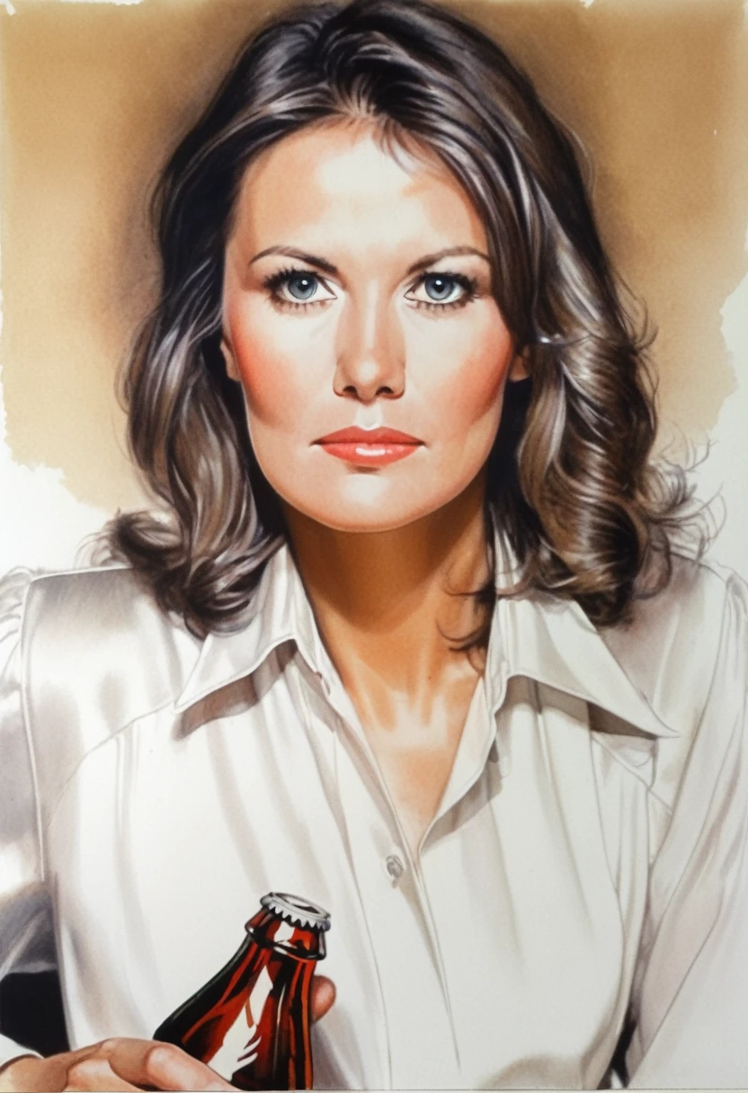 drawing of the face of a 35 year old woman, using coke, white, dark haired,white satin shirt