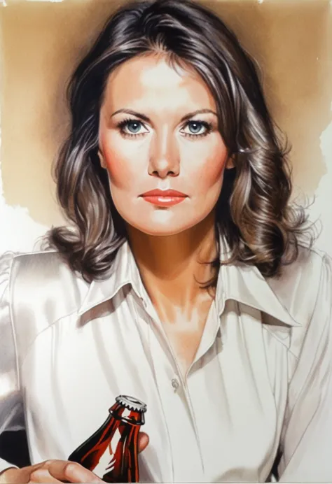 drawing of the face of a 35 year old woman, using coke, white, dark haired,white satin shirt