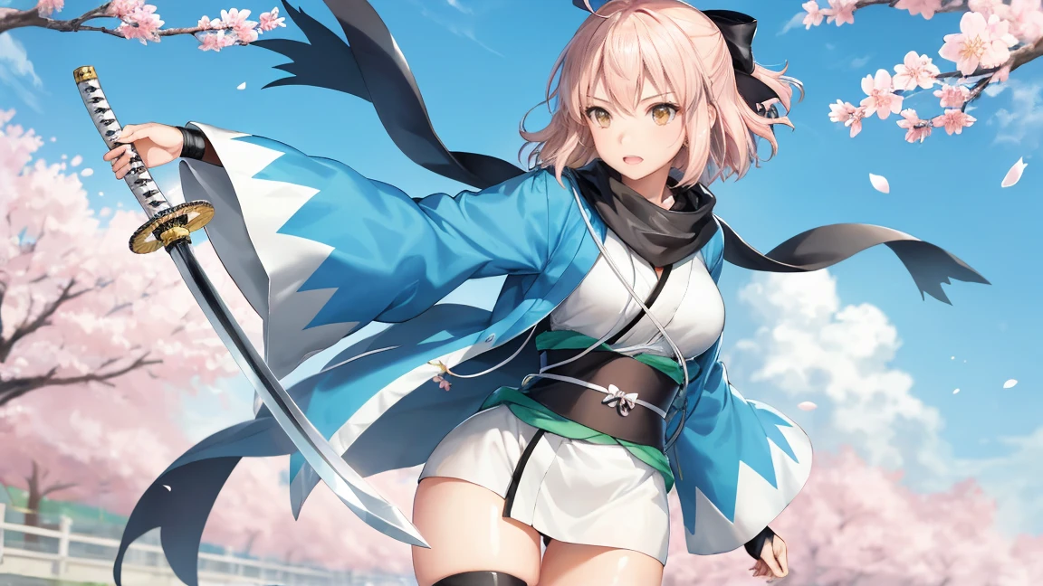 (Highly detailed CG), (Highest quality), Perfect Face, Shiny skin, Shiny skin,Wide Hips, One girl,alone ,Dynamic action poses, Beautiful hands、Stand in the center of the screen、okitasouji,Arm guard,Wide sleeves,Toeless legwear,bangs,heart, white kimono, Shinsengumi, Black thighs, Yellow Eyes,Knee socks , short kimono, Haori, black bow, black scarf, short hair, Ahoge, scarf, Blonde, hairbow,bow, kimono,kimono,Cherry blossoms fluttering in the wind in Kyoto、