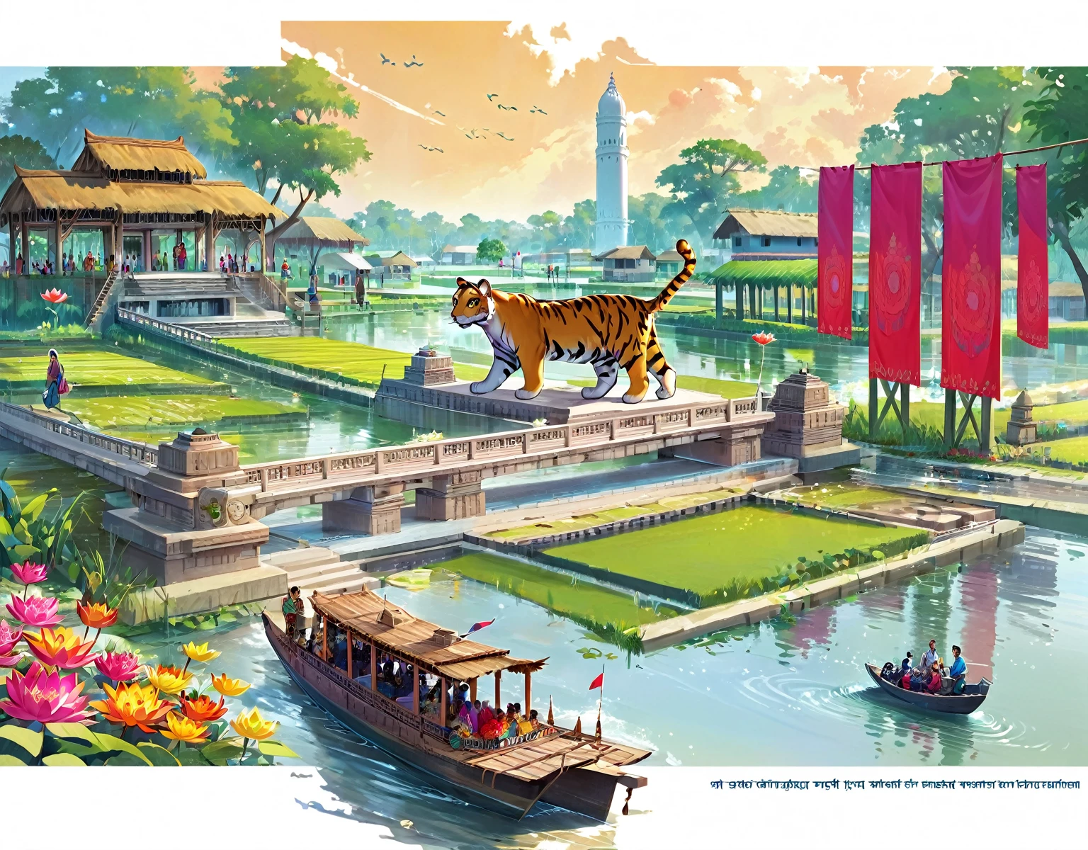 (บังคลาเทศ)), poster image of a vibrant landscape of บังคลาเทศ, ที่ซึ่งประเพณีและเทคโนโลยีมาบรรจบกัน, a หมู่บ้านอัจฉริยะ emerges., หมู่บ้านอัจฉริยะ: การเชื่อมโยงประเพณีและเทคโนโลยีที่เชื่อมโยงชุมชน. Historical Monuments of บังคลาเทศ. ดอกบัว, เสือเบงกอลราชวงศ์, sculpture of บังคลาเทศ  fight. national martyrs memorial of บังคลาเทศ 