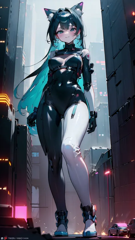 a giantess stands amidst a futuristic cityscape, her sleek silver jumpsuit reflecting the neon lights around her. her towering f...