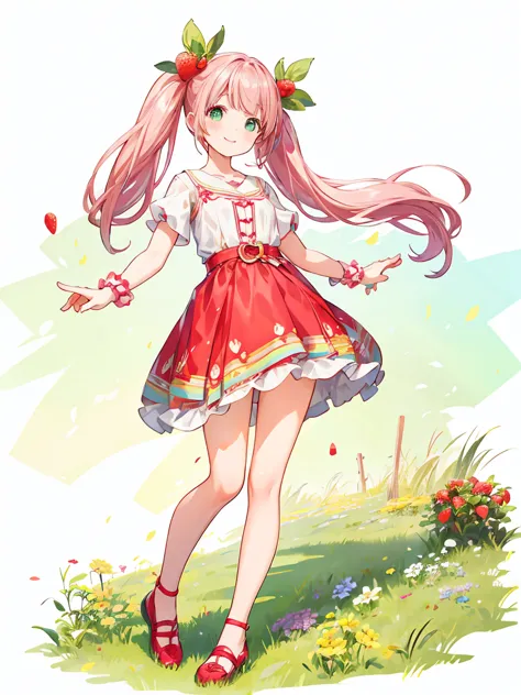 Full body ,Standing position,(realistic:1.37)、Octane rendering、morning park、Strawberry set、The girl has a twin tail hairstyle an...