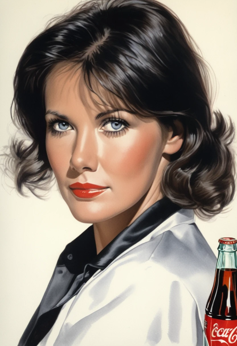 drawing of the face of a 35 year old woman, using coke, white, dark haired,white satin shirt