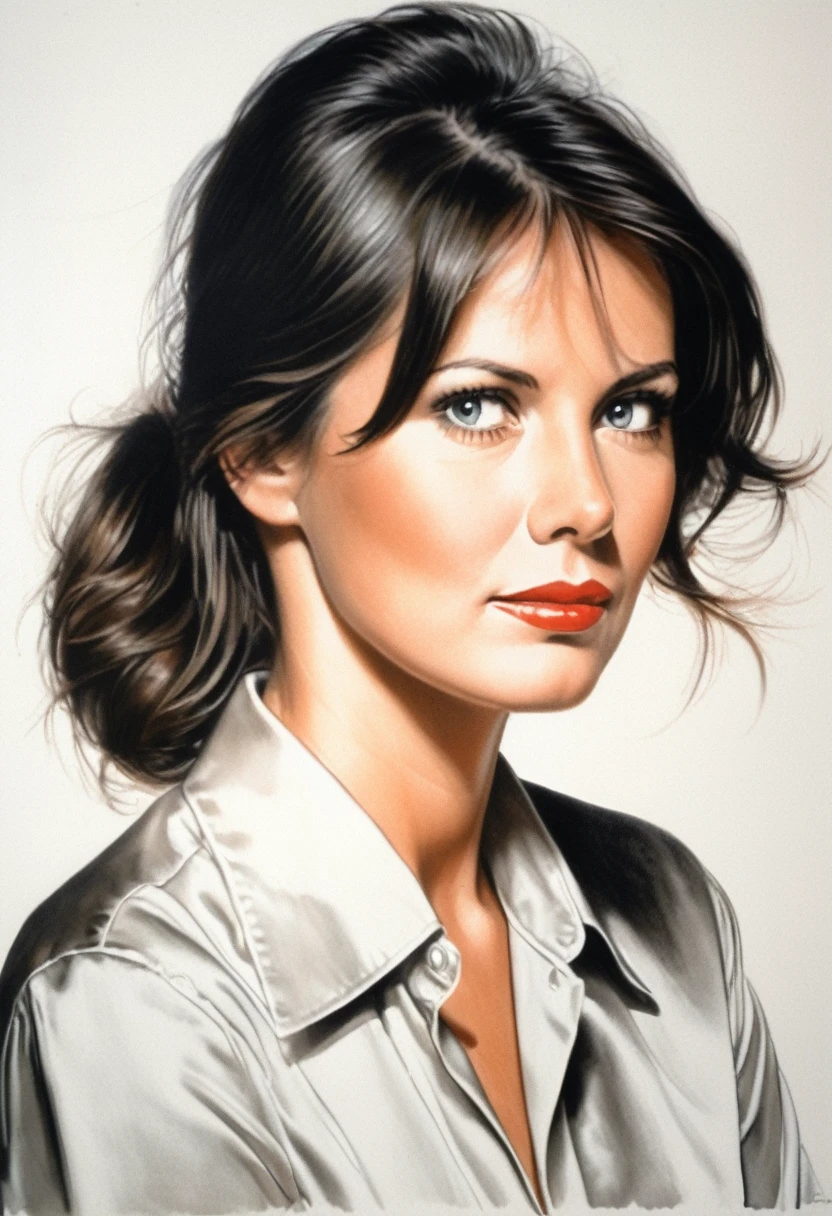 drawing of the face of a 35 year old woman, using coke, white, dark haired,white satin shirt