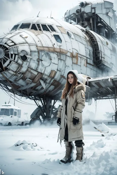 apocalyptic gorgeous hot woman. age 23.standing in the snow next to a giant shuttle