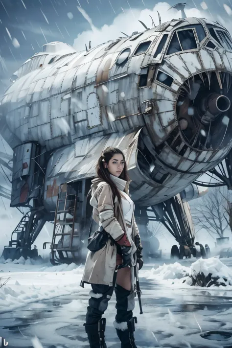 apocalyptic gorgeous hot woman. age 23.standing in the snow next to a giant shuttle