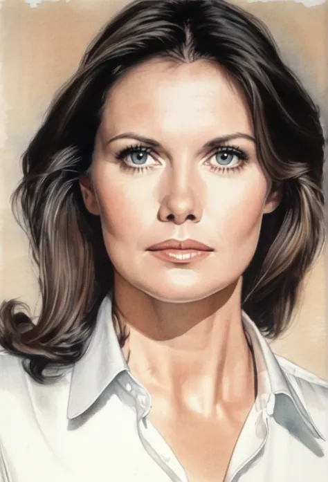 drawing of the face of a 35 year old woman,looking into camera,dark haired,white satin shirt