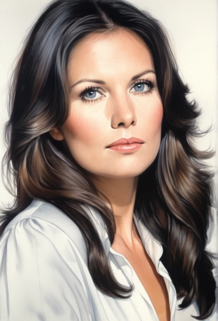 drawing of the face of a 35 year old woman,long hair,dark haired,white satin shirt